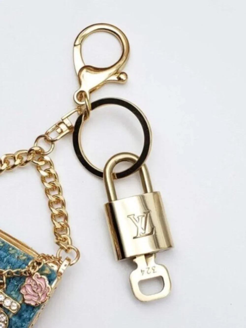 Authentic Louis Vuitton Padlock & Key Gold ✨Unbranded Tweed Bag Charm Keychain