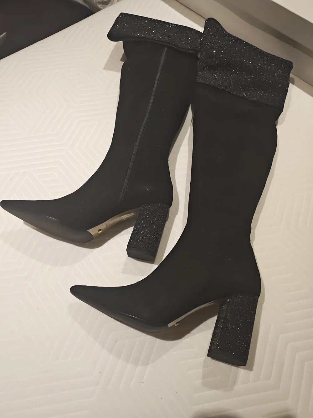 Black Glitter Cuff Over-the-Knee Block Heel Boots 39