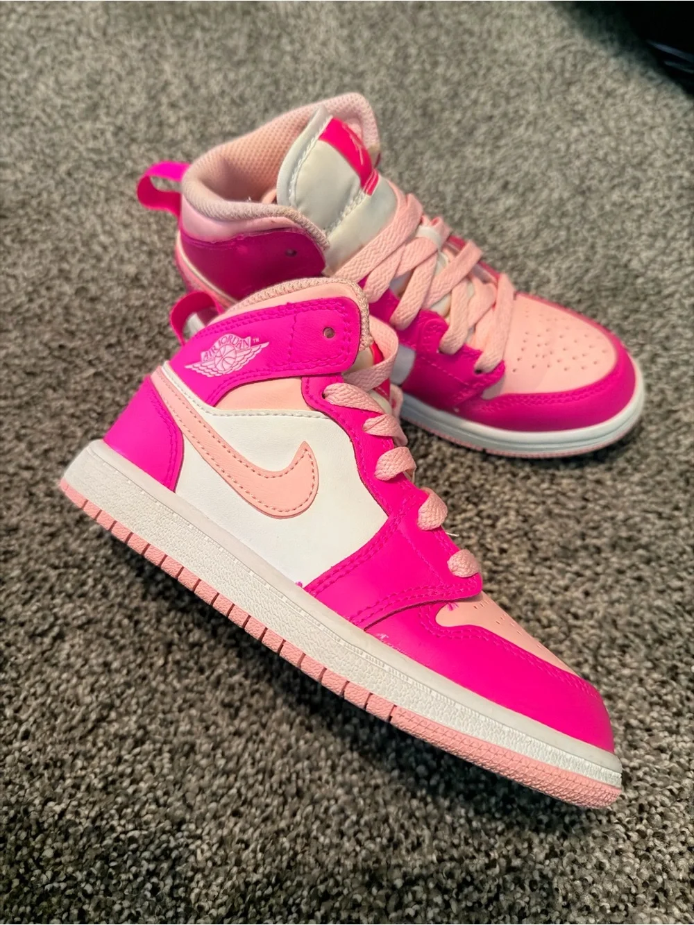 Nike Kids Air Jordan 1 Mid in Hot Pink, Light Pink, White