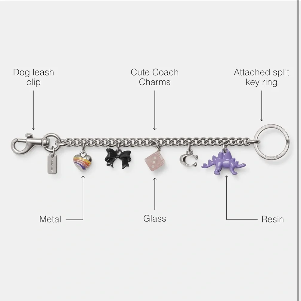 New Coach Silver Motif Chain Bag Charm with Purple Dinosaur, Heart, Bow, Dice