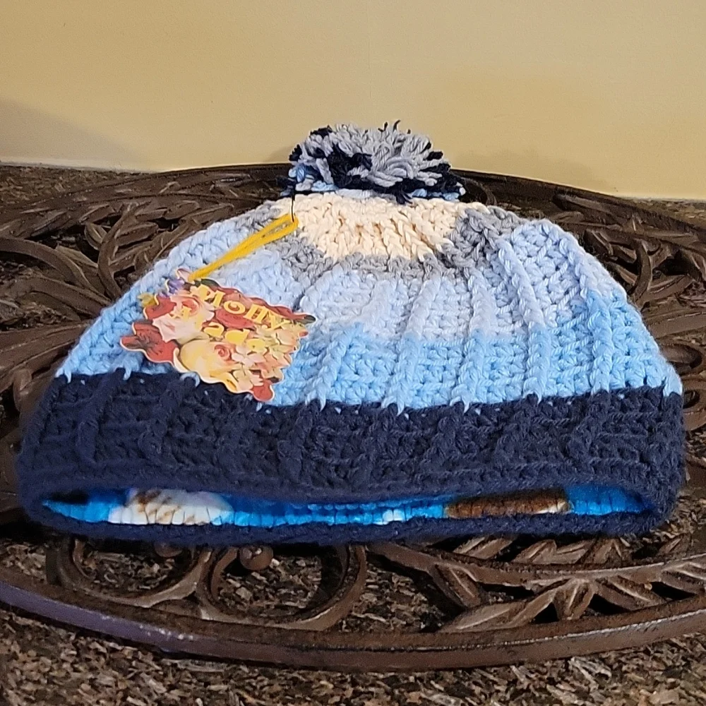 Handmade pom-pom hat beanie with fleece lining at ears crochet