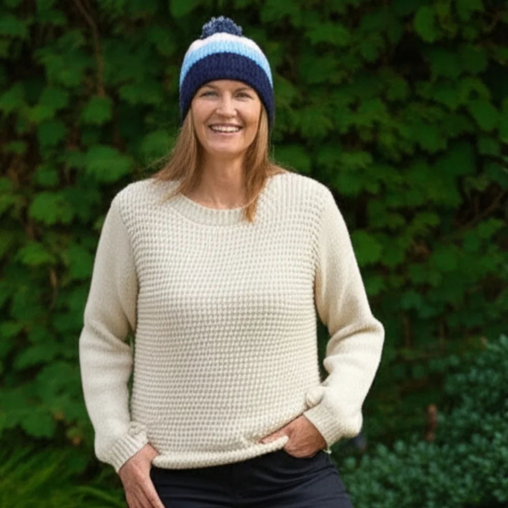 Handmade pom-pom hat beanie with fleece lining at ears crochet