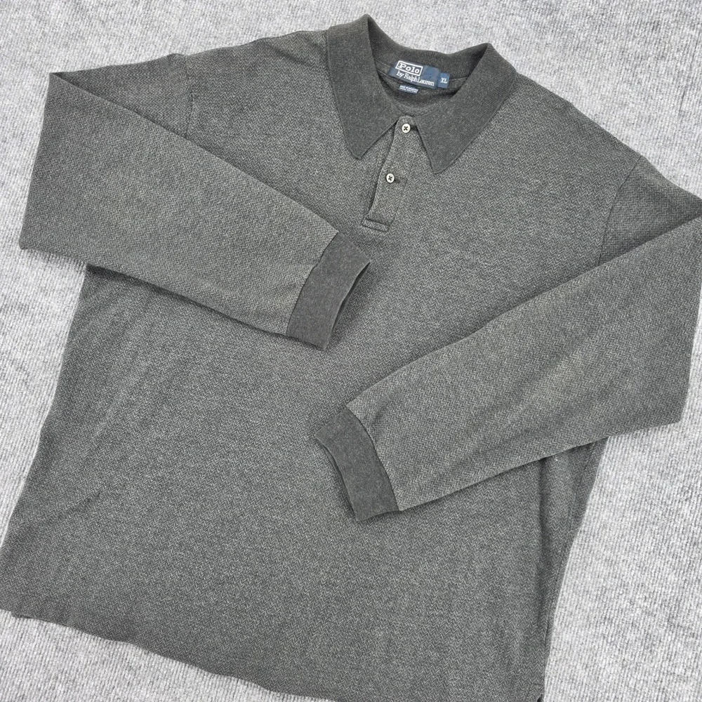 Polo Ralph Lauren Mens XL Charcoal Grey Herringbone Long Sleeve Polo Shirt
