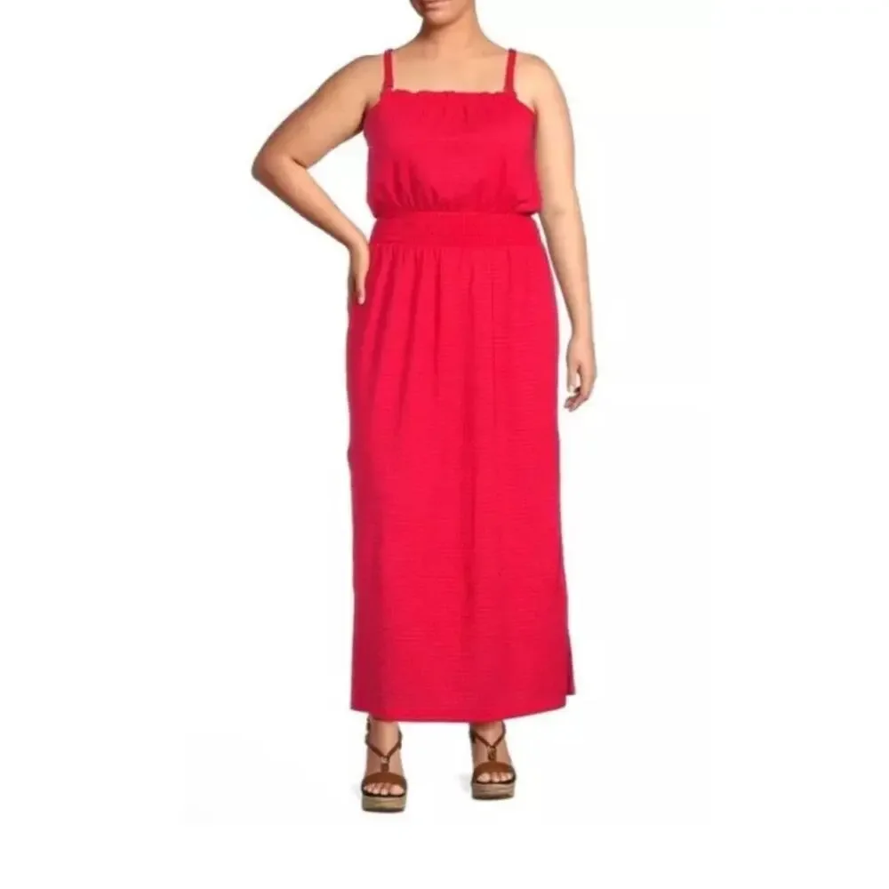 Michael Kors Geranium‎ Orange Red Smocked Square Neck Maxi Dress Size L NWT