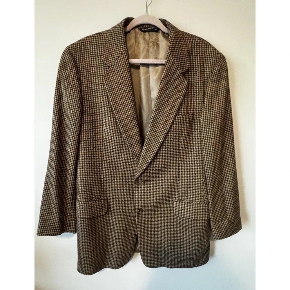 Alan Flusser 42L Brown  Plaid Wool Cashmere  Mens Blazer‎ Sport Coat Jacket Saks