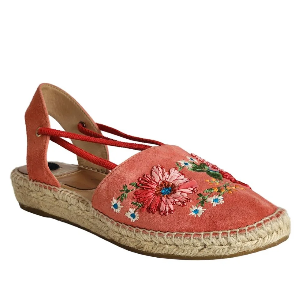 KANNA‎ Coral Red Floral Embroidered Espadrilles Size 39 8.5