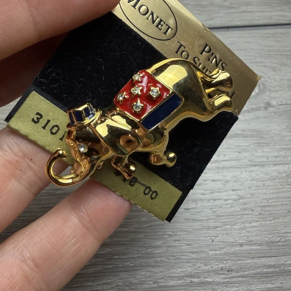 Vintage Monet Patriotic Elephant Brooch Pin Gold Tone Red White Blue Enamel NOS