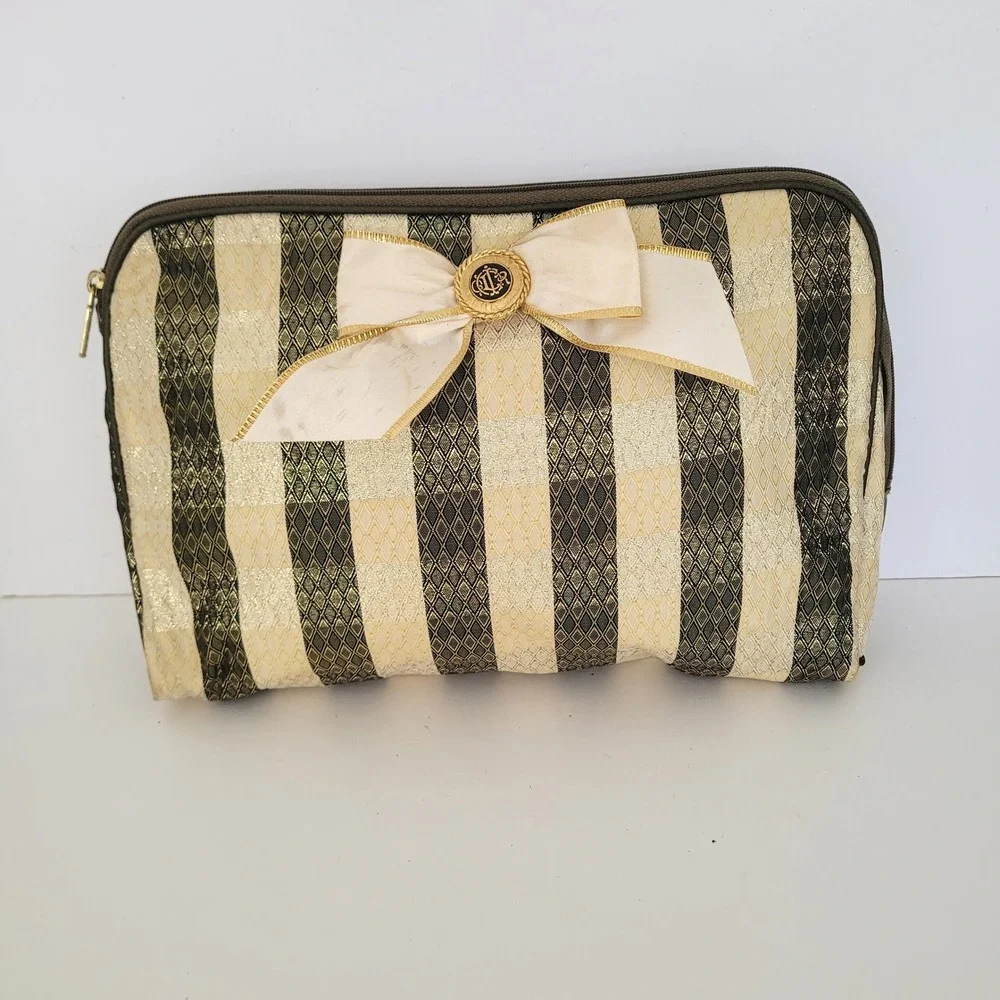 Christian Dior Vintage Cosmetic Bag Striped Brocade Gold Green Bow Logo‎ Pouch
