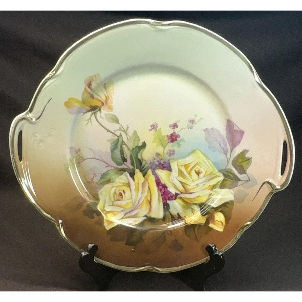 Antique‎ J&G Louise Bavaria Hand Painted Yellow Roses Cake Plate Signed Handled