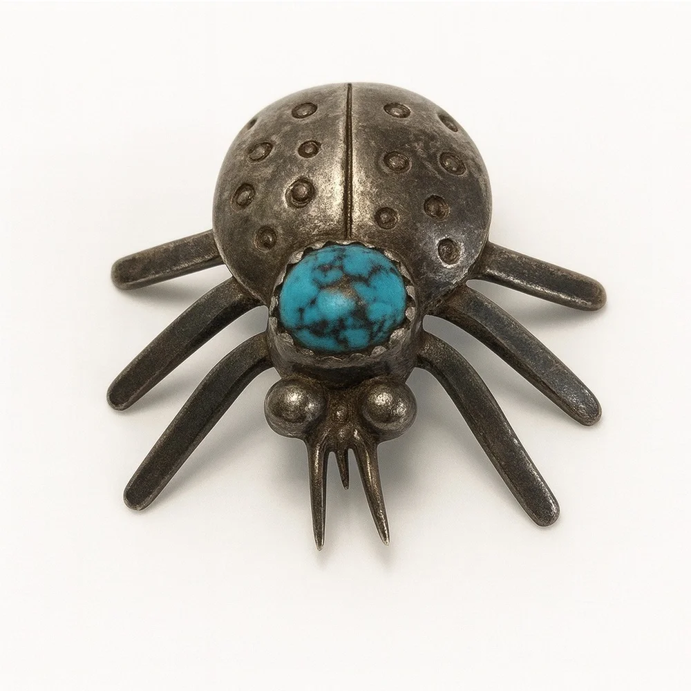VINTAGE Native Southwest Sterling Silver Turquoise Ladybug Insect Brooch Pin EUC