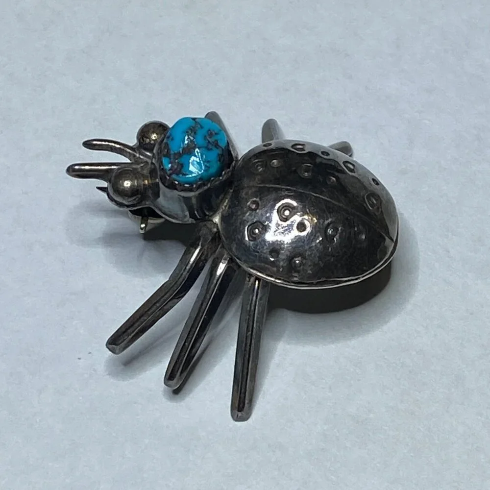 VINTAGE Native Southwest Sterling Silver Turquoise Ladybug Insect Brooch Pin EUC