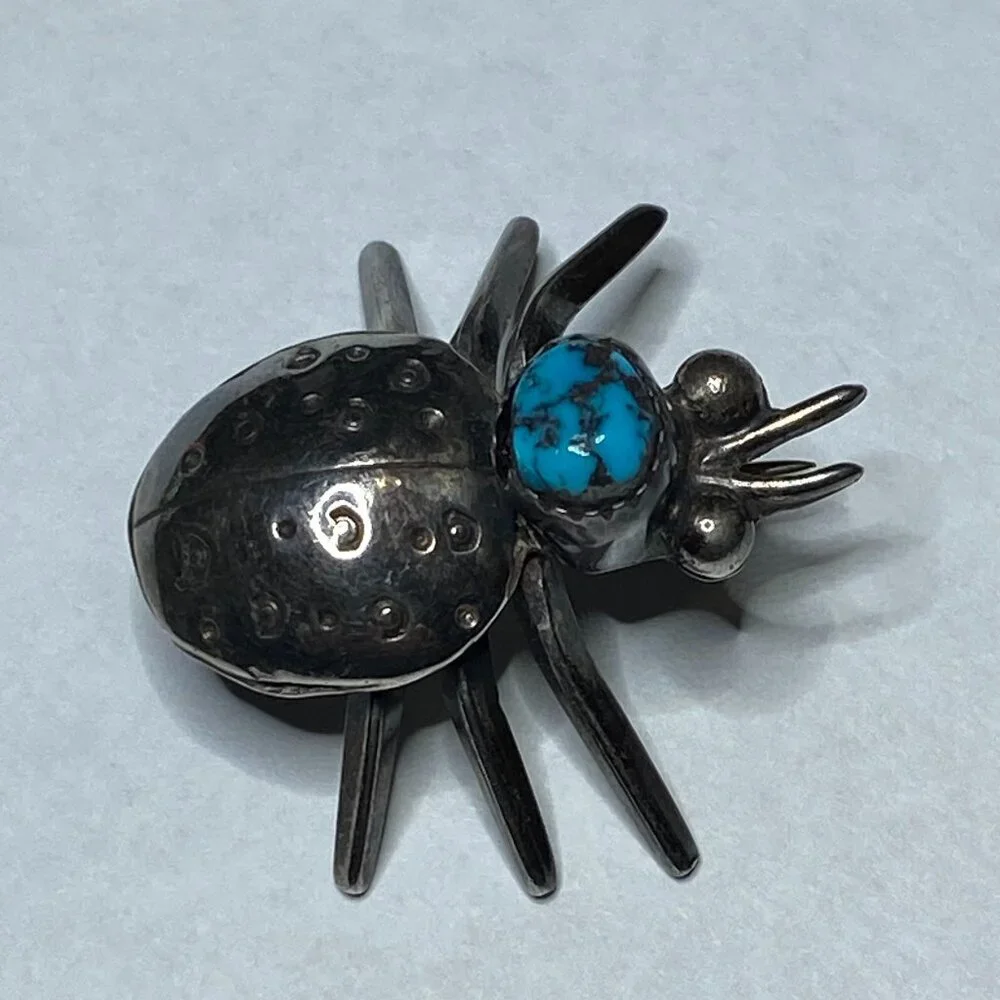 VINTAGE Native Southwest Sterling Silver Turquoise Ladybug Insect Brooch Pin EUC