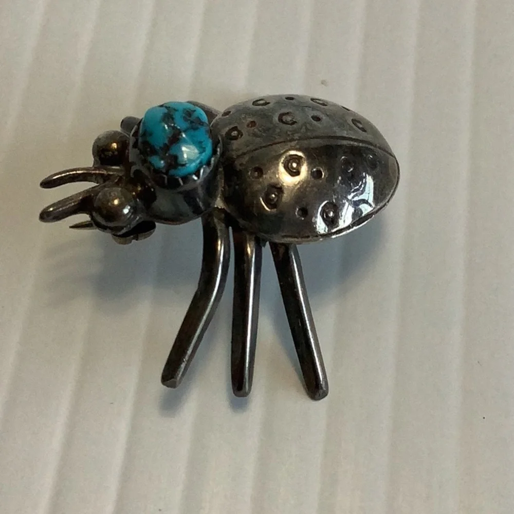 VINTAGE Native Southwest Sterling Silver Turquoise Ladybug Insect Brooch Pin EUC
