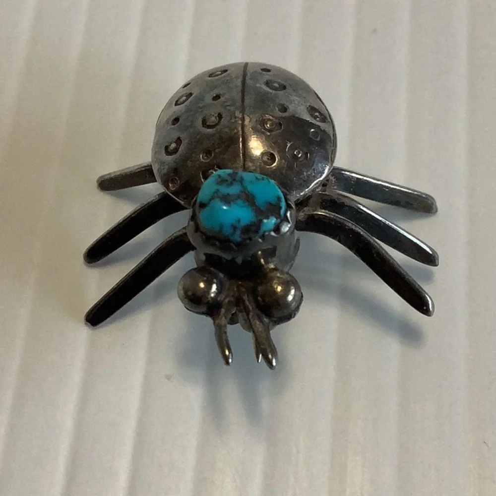 VINTAGE Native Southwest Sterling Silver Turquoise Ladybug Insect Brooch Pin EUC