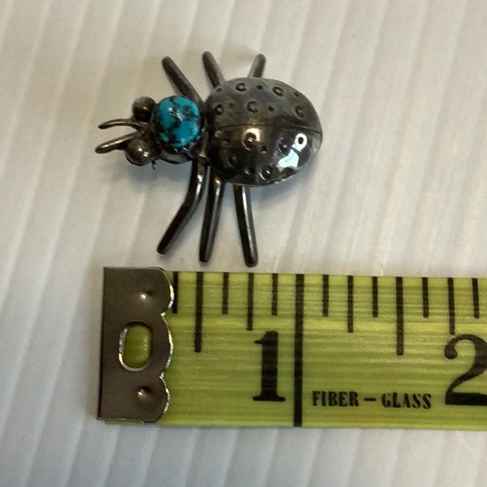 VINTAGE Native Southwest Sterling Silver Turquoise Ladybug Insect Brooch Pin EUC