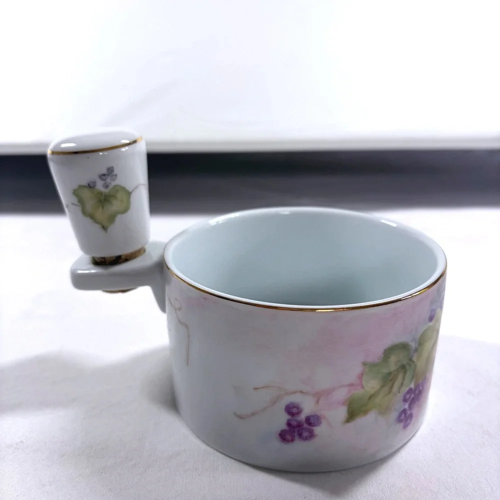 Hand Painted Porcelain Wine Coaster with Matching Grape Vine Cork Stopper Rare