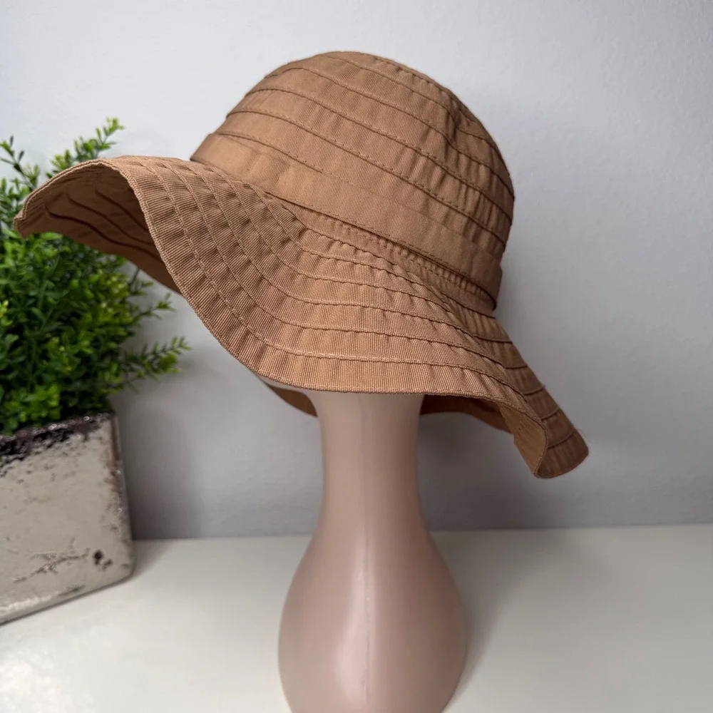Scala Sun Hat Womens Tan Wide Brim Bow‎ Ribbed Packable Coastal OS