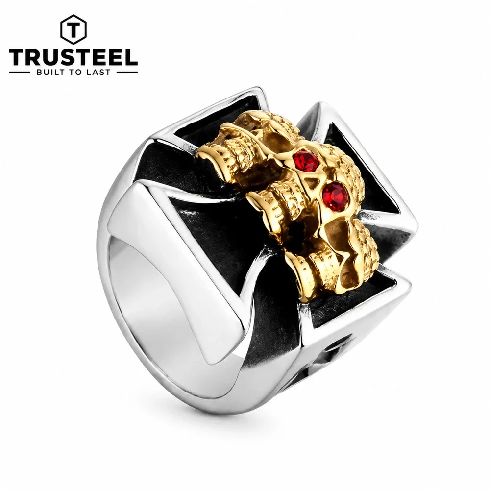 316L Stainless Steel Iron Cross Ring Gold Skull Red Eyes Biker Men Size 11