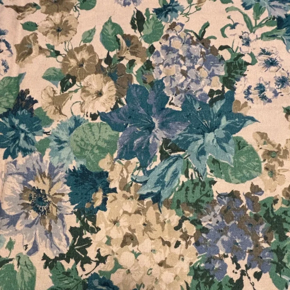 VTG Kirtland Vat Colored Screen Print Floral Fabric Blue Green 48x72 Scotchgard‎