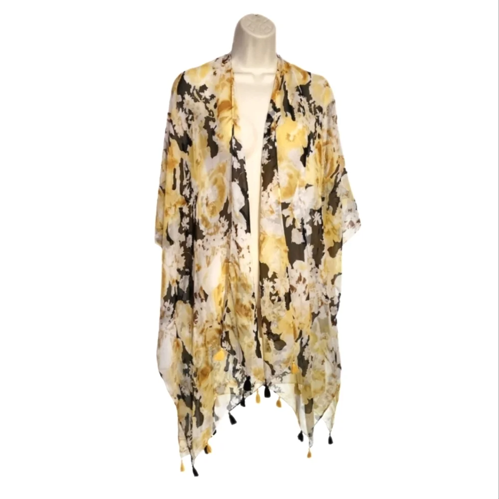 Est. 1946 Floral Semi Sheer Tassled Hem  Kimono Style Cover Up Yellow Size OS