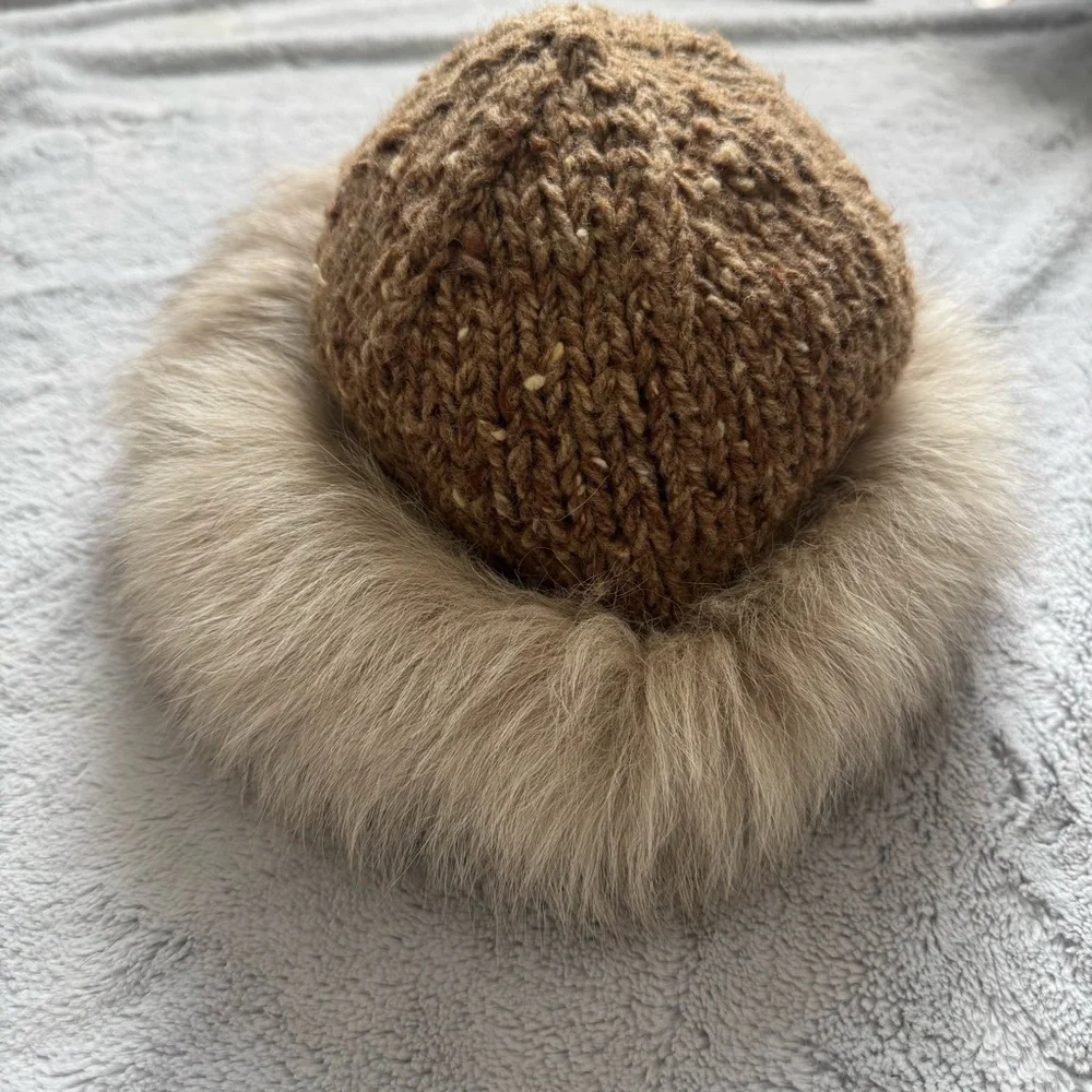 Vintage Lillie Rubin Knit Hat with‎ Fox Fur – Chunky Tweed Wool Crown Size S/M