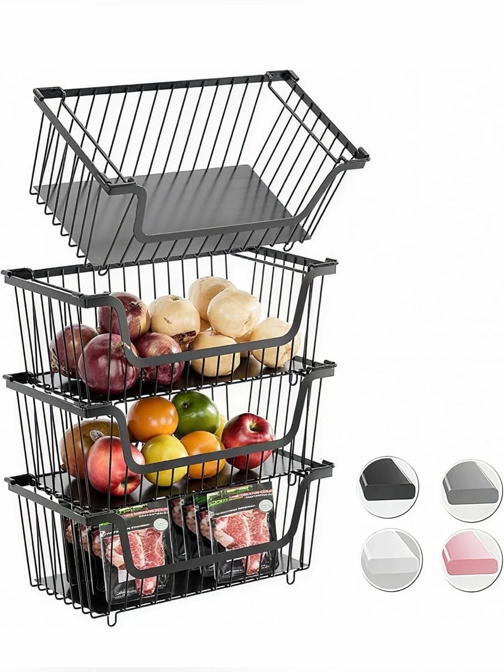 4 Pcs Stackable Wire Baskets for Pantry Organizers and Storage, Black, NEW