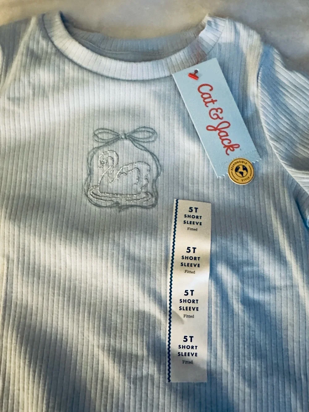 Cat and Jack Blue Ribbed Short Sleeve Top with Swan Motif and Gymboree leggings