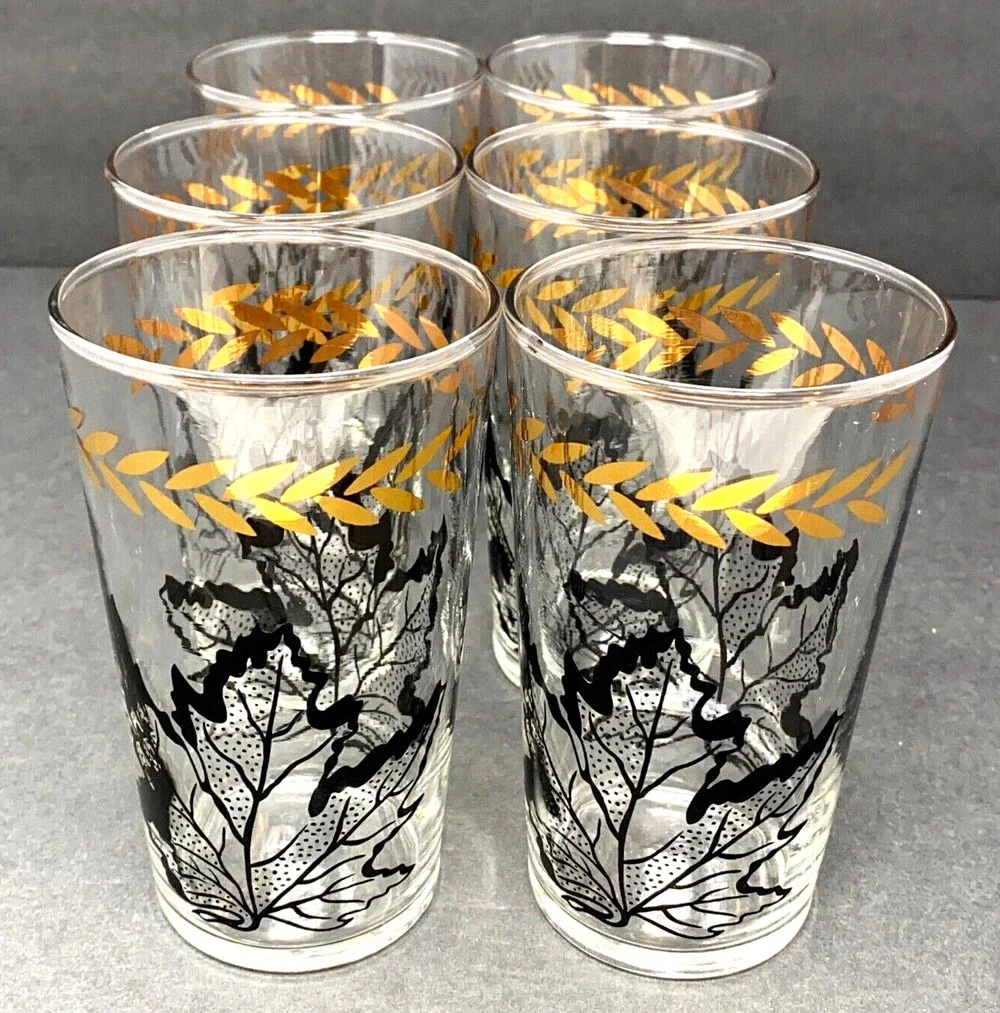 VTG Federal Glass Black Oak Leaf Gold Laurel Tumblers Set 6 MCM Drinking Glasses