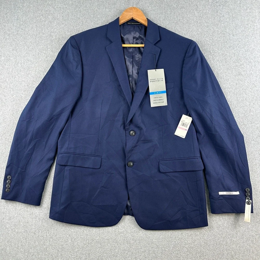 NEW Perry Ellis Suit Jacket Men's 42R Blue Portfolio Slim Fit‎ Stretch MSRP $260