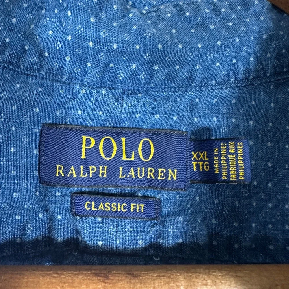Polo Ralph Lauren Button Down Mens XXL Blue Excellent Linen Polka Dot Shirt