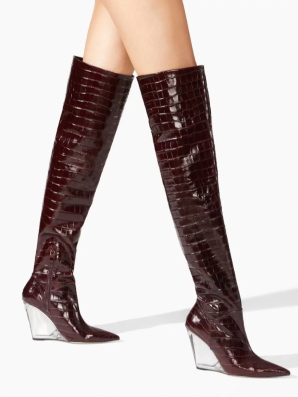 NWT STUART WEITZMAN Lucite 100mm Wedge Croc Embossed Thigh High Boots 7