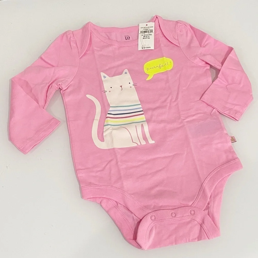 GAP Baby Graphic Bodysuit Parisian Pink Cat NEW Size 12-18 Months