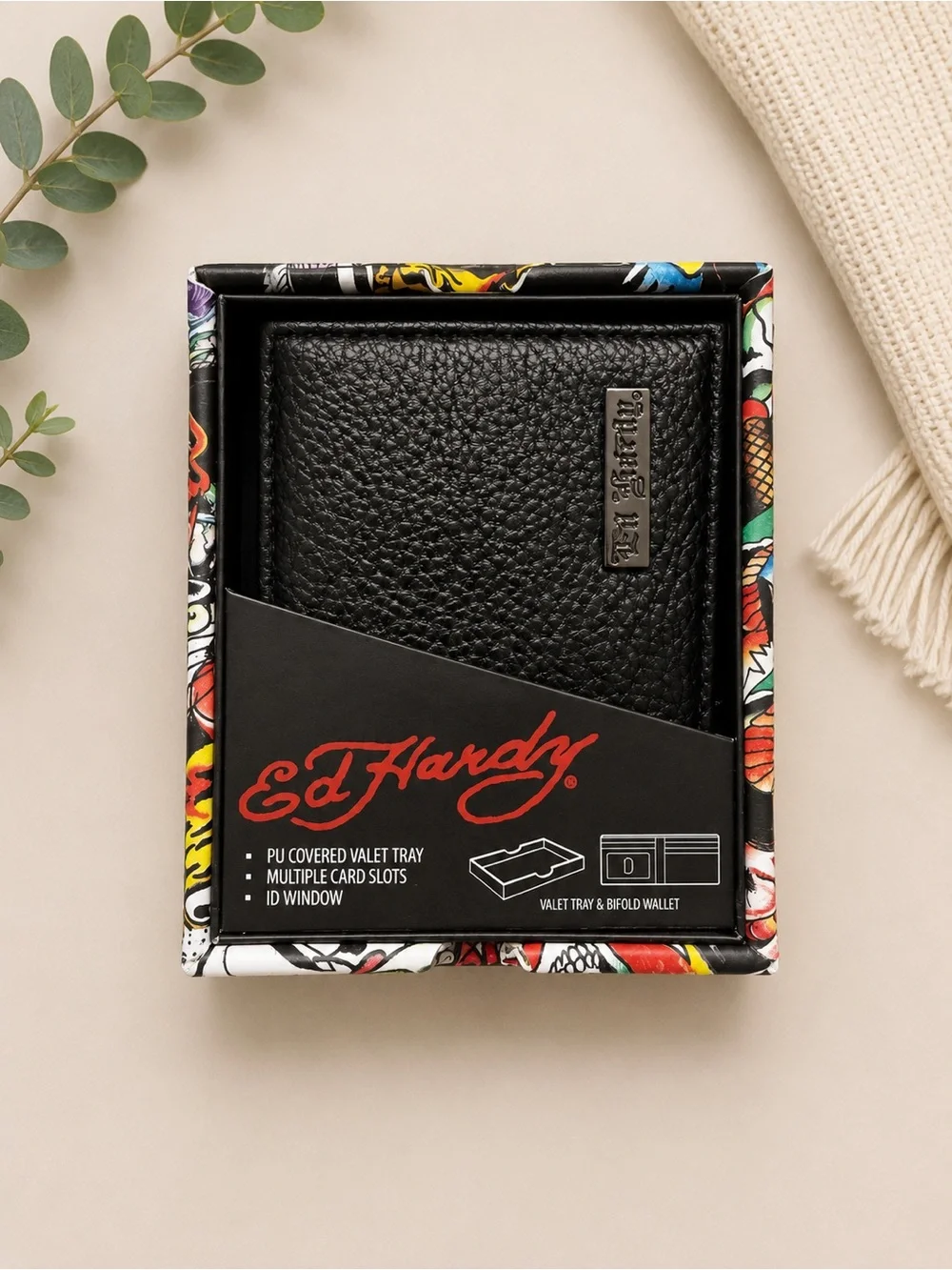 Ed Hardy Black Bifold Wallet with Branded Plaque & Gift Box