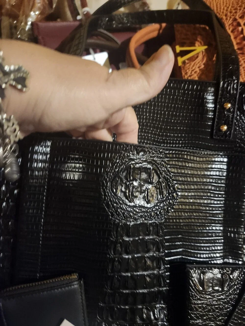 Black Croc-Embossed Tote Bag
