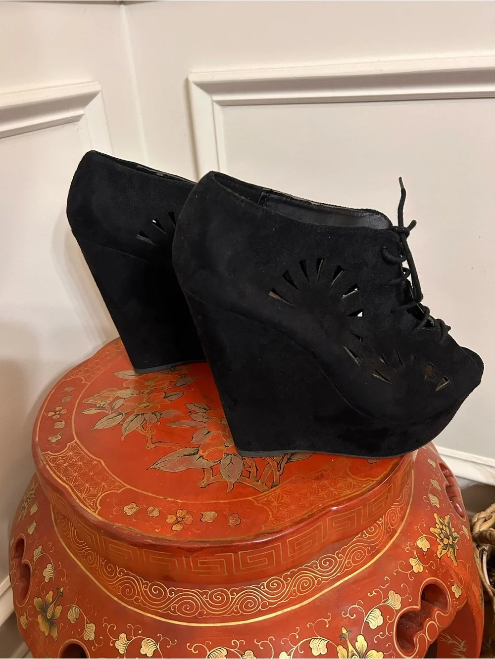 Delicious Black Suede Peep Toe Lace-Up Wedge Booties