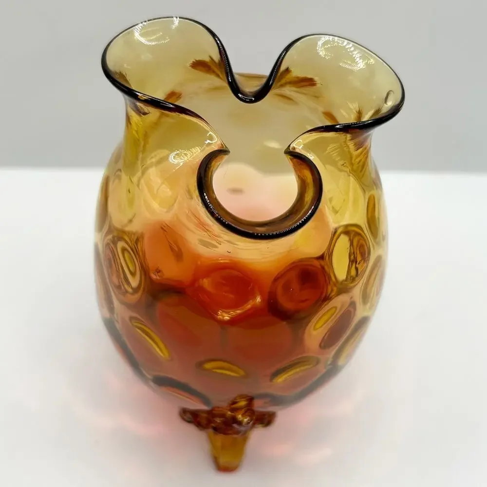 ANTIQ Victorian New England Glass Amberina Toed Crimp-Top Egg Vase Coin Pattern