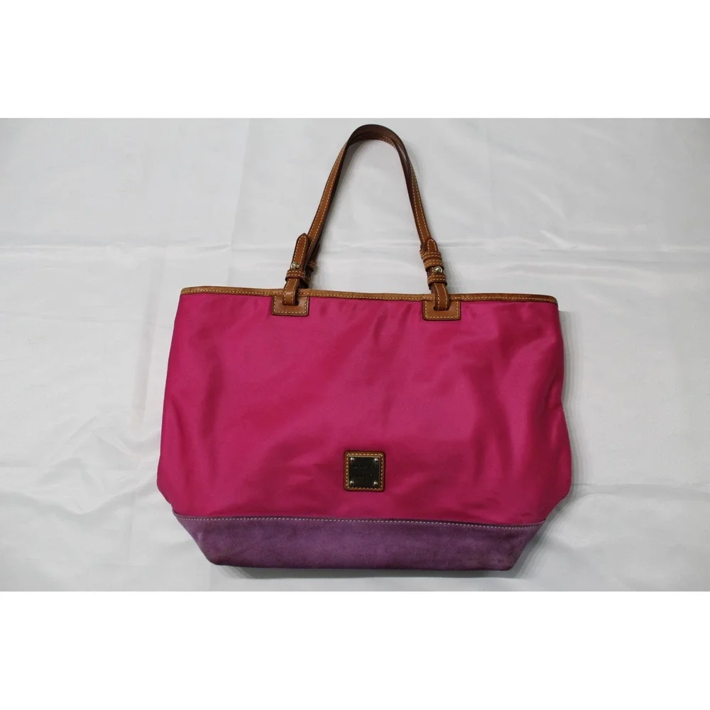 Dooney & Bourke Pink Nylon Purple Suede Trim Tote Bag Tan Leather Shoulder Strap