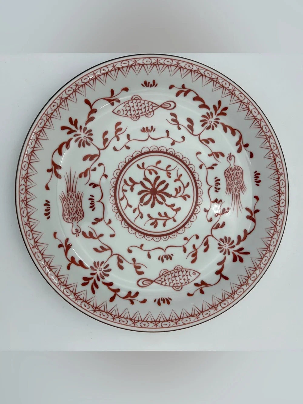 Decorative White Porcelain Shallow Bowl with Red Floral & Fish Motif