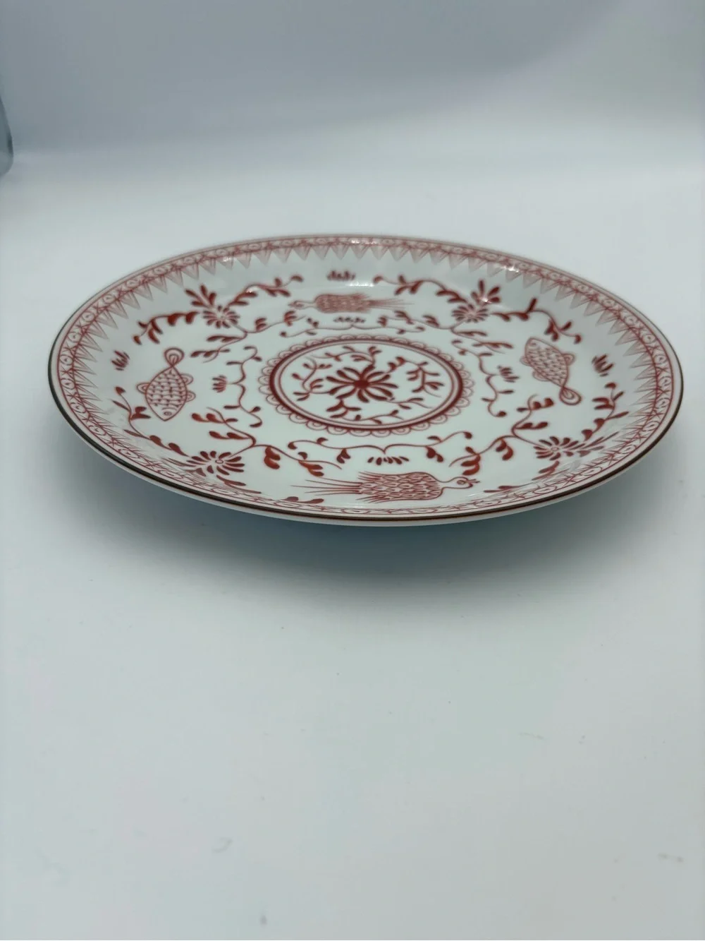 Decorative White Porcelain Shallow Bowl with Red Floral & Fish Motif