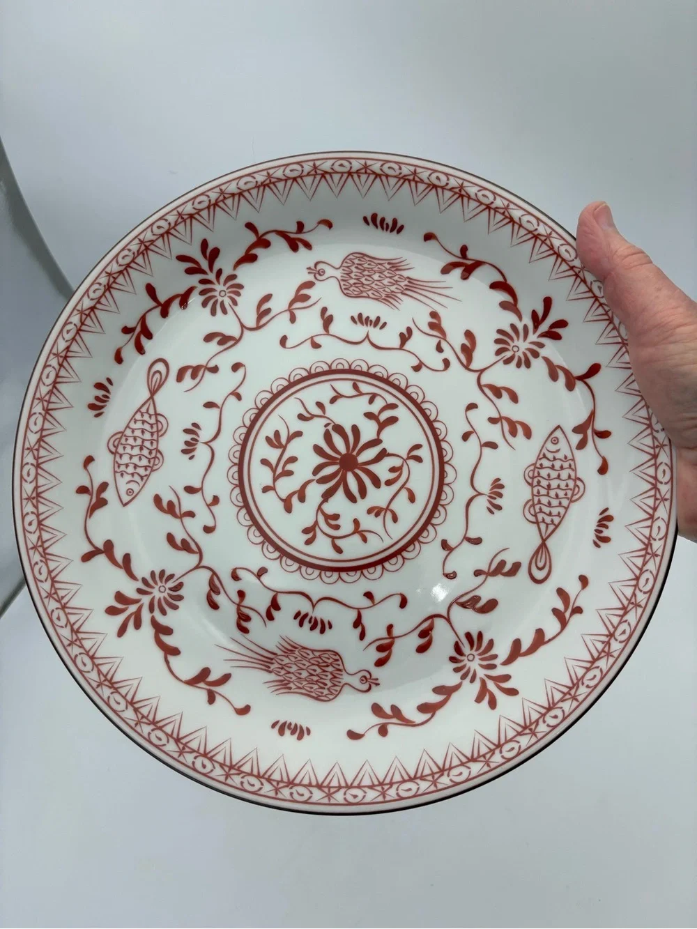 Decorative White Porcelain Shallow Bowl with Red Floral & Fish Motif