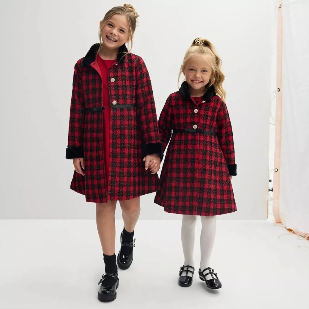Blueberi Boulevard Red and Black Plaid Girls Cape Coat