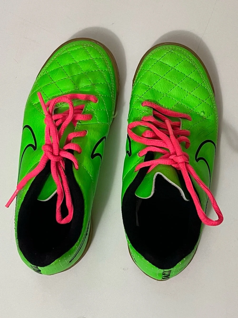 Nike Kids Bright Green Indoor Soccer Sneakers with Pink Laces