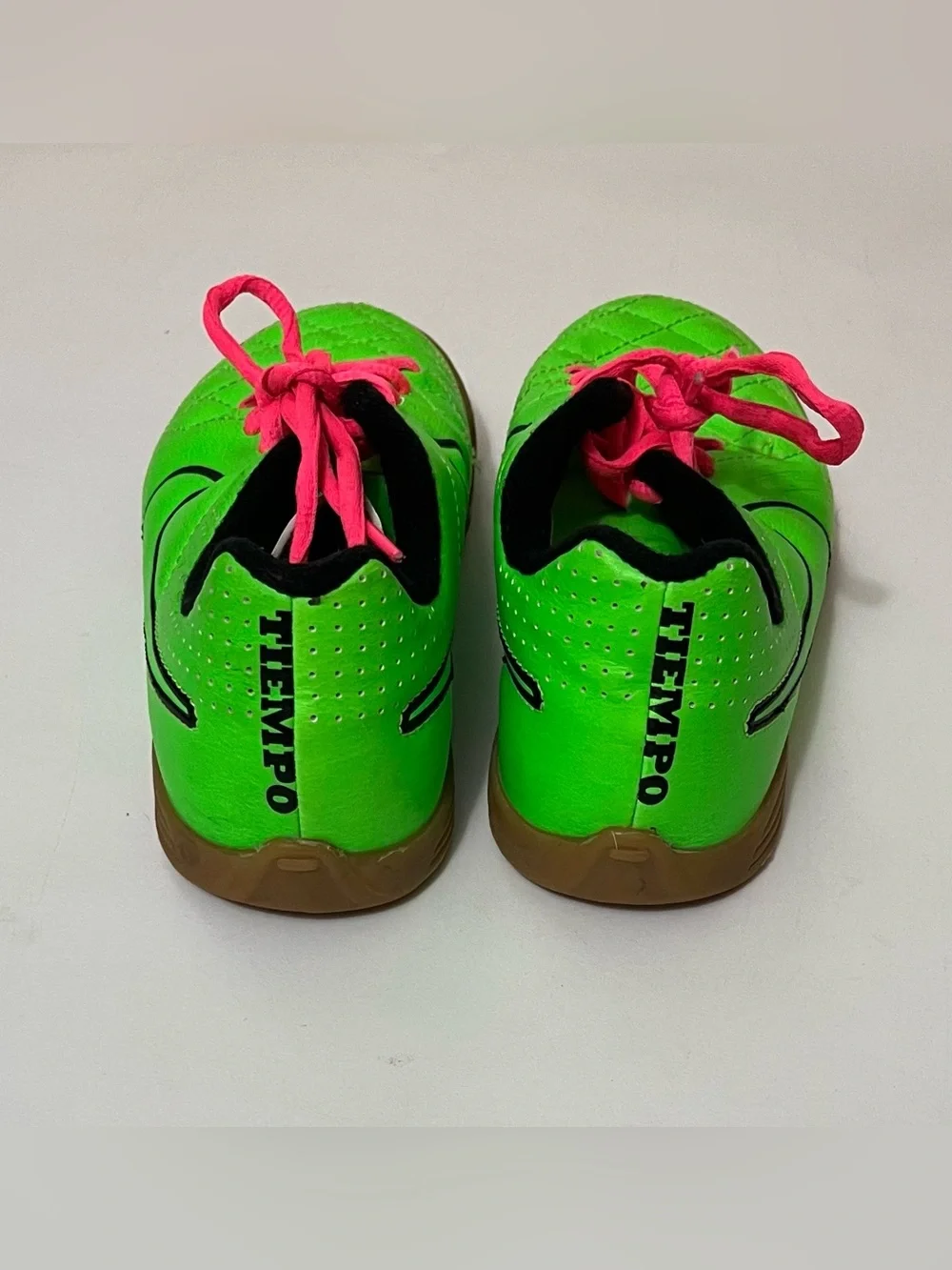 Nike Kids Bright Green Indoor Soccer Sneakers with Pink Laces
