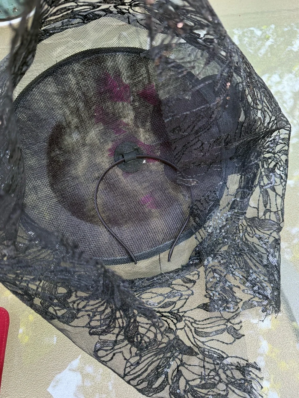 Black Veiled Fascinator Hat with Pink Feather Accent GOTH, VICTORIAN, THEATER