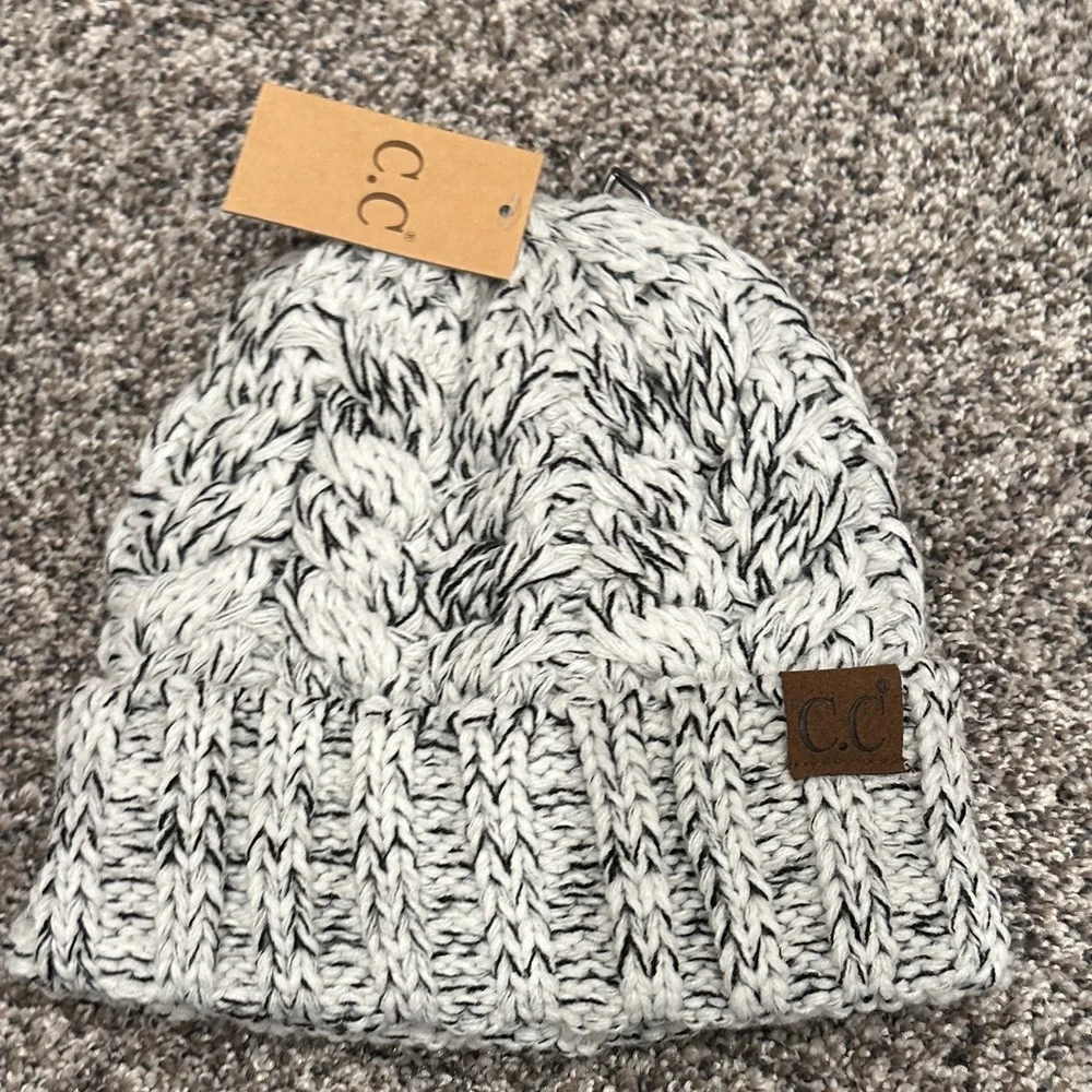 CC Cable Knit Hat - Black and White
