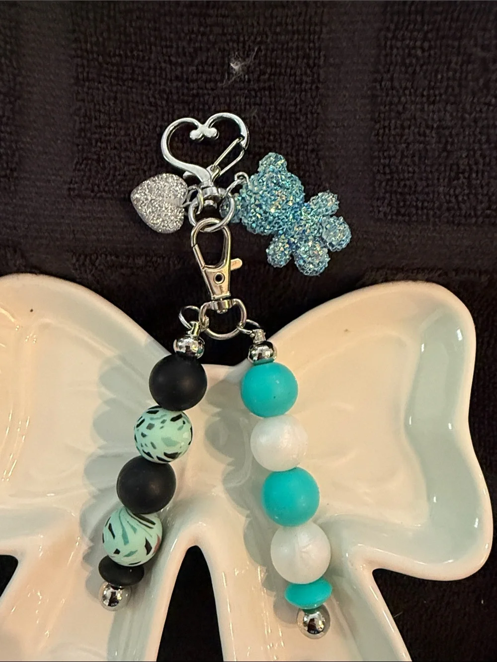 Turquoise & Black Beaded Keychain with Sparkle Heart Charm