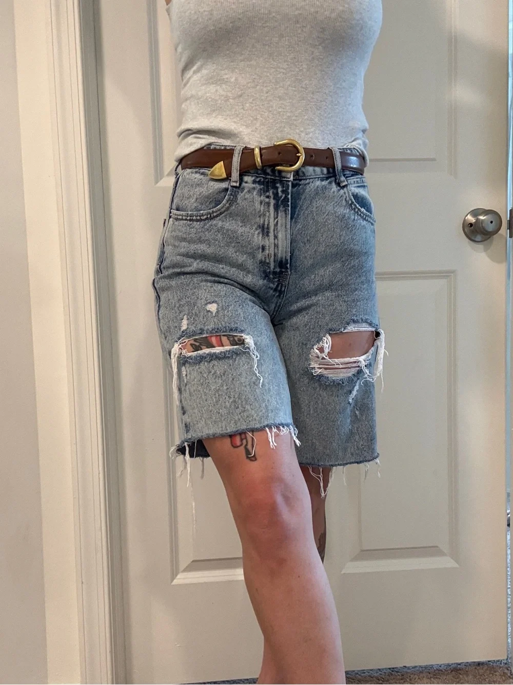 Zara denim jorts longline baggy Light Blue Distressed Denim Bermuda long Shorts