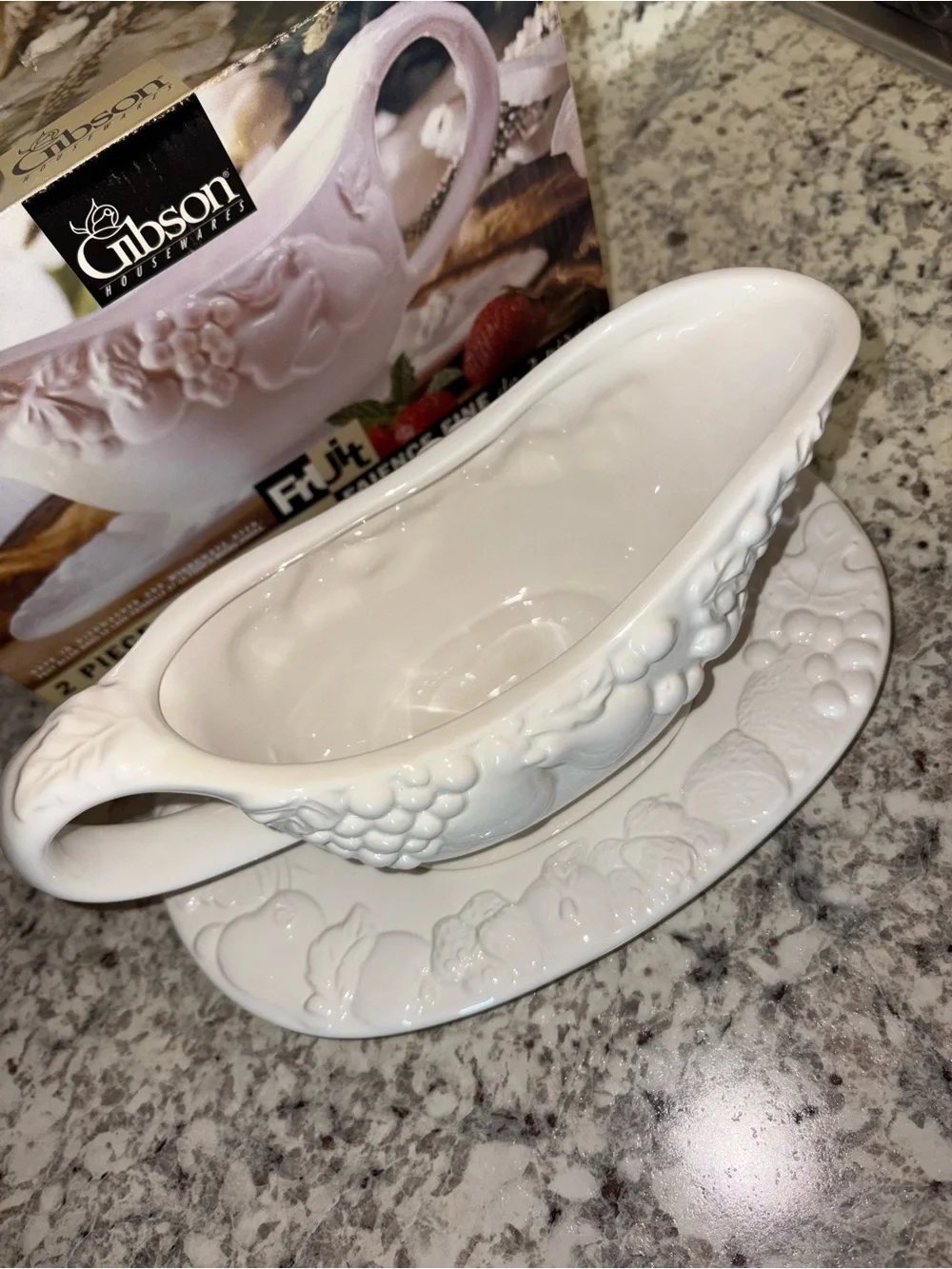 Vintage 1997 Gibson White Fruitful Embossed 1 3/4 Gravy Boat with Saucer Plate