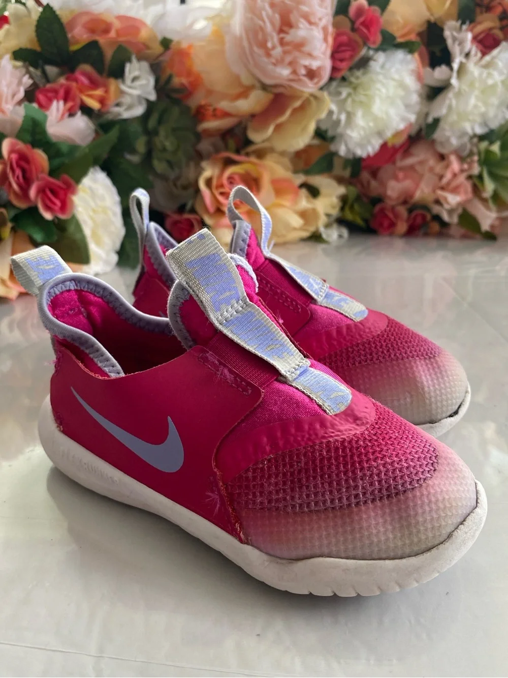 Nike Flex Runner AT4662-609 Pink Foam Metallic Silver Slip-On Toddler 8C