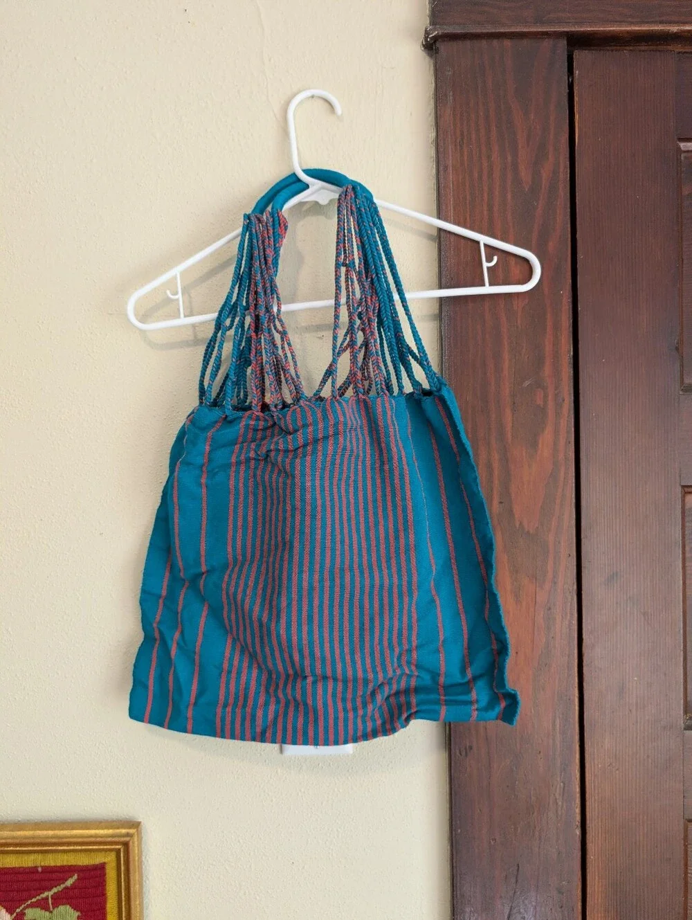 Mercado Bag Chiapas Woven Tote Bag‎ By Collectivo In Teal And Coral 100% Cotton